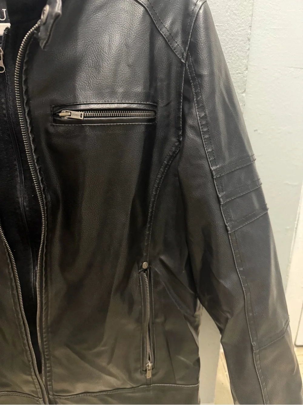 GUESS Black Leather Bomber Jacket with Zip Pockets